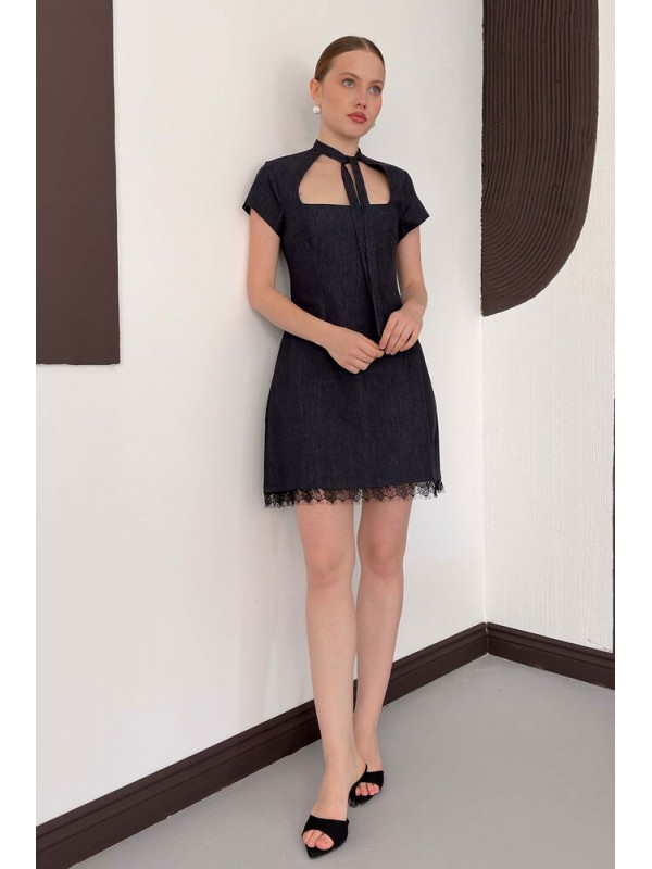 Dantel Detaylı Kot Elbise - Lacivert | D3041 Topshow